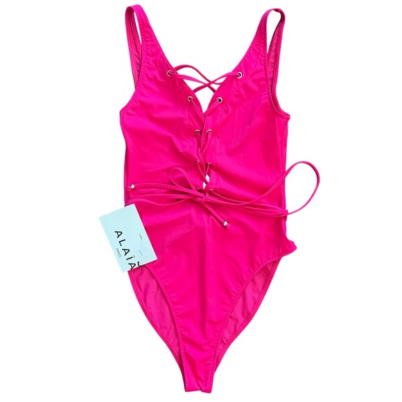 Alaia Fuchsia Lace Up Sculpting Swimwear Jersey One Piece Swimsuit Size 38 US6 - Picture 2 of 6